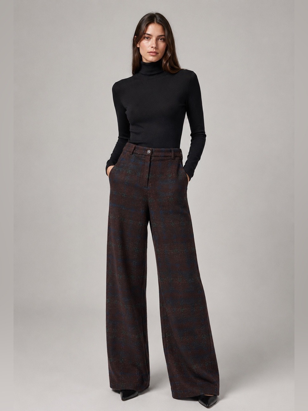 Chanel Alpaca Plaid Wide-Leg Pants Silk Lined FR 36